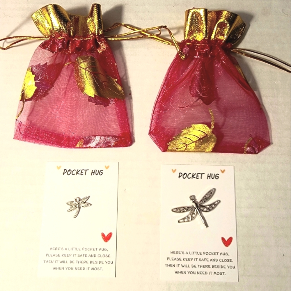 💚 (2) DRAGONFLY Charm Pocket Hugs + Organza Jewelry Pouches